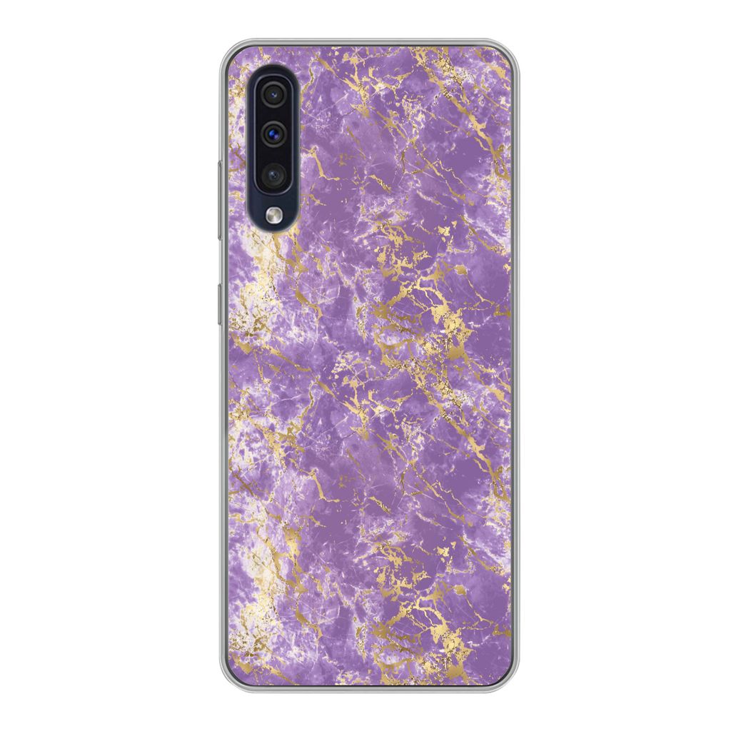 MuchoWow Handyhülle Schutzhülle Hülle für Samsung Galaxy A30s Marmor - Lila - Gold - Muster Silikon Softcase Handy Hülle - Karteninhaber