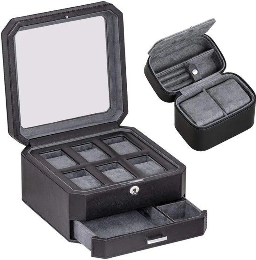 Boîte à montres 6 emplacements en cuir et tiroir pour bijoux homme