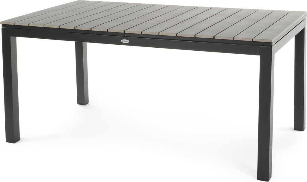 A rectangular outdoor dining table with a slatted gray top and black metal legs, shown against a white background.