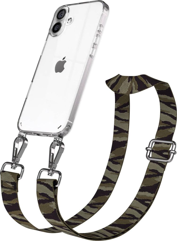 EAZY CASE Handykette - Verstellbarer Trageriemen kompatibel mit Apple iPhone 16 Plus, Handykordel mit transparenter Silikon-Hülle, Karabiner Silbe...