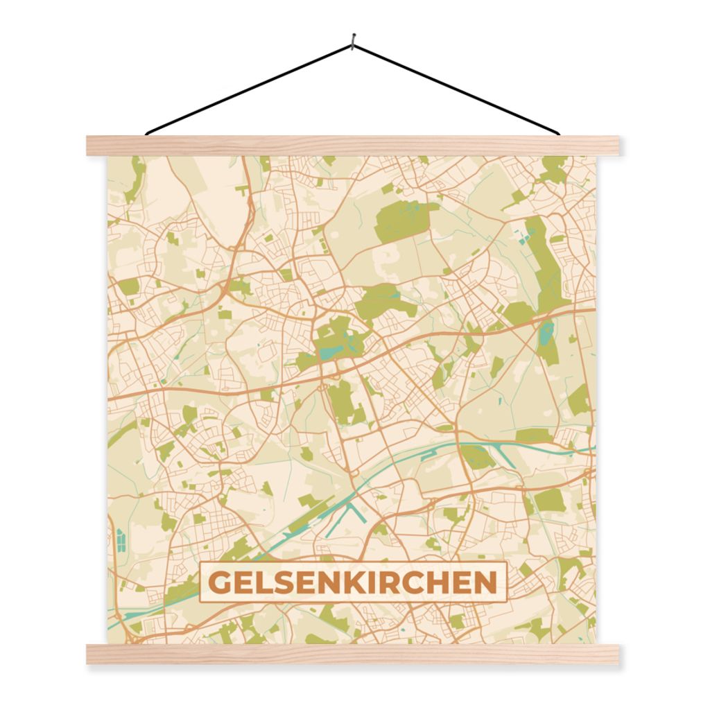 MuchoWow Textilposter Stadtplan - Gelsenkirchen - Stadtplan - Vintage 120x120 cm mit holzfarbenen Rahmen - Textil-Poster
