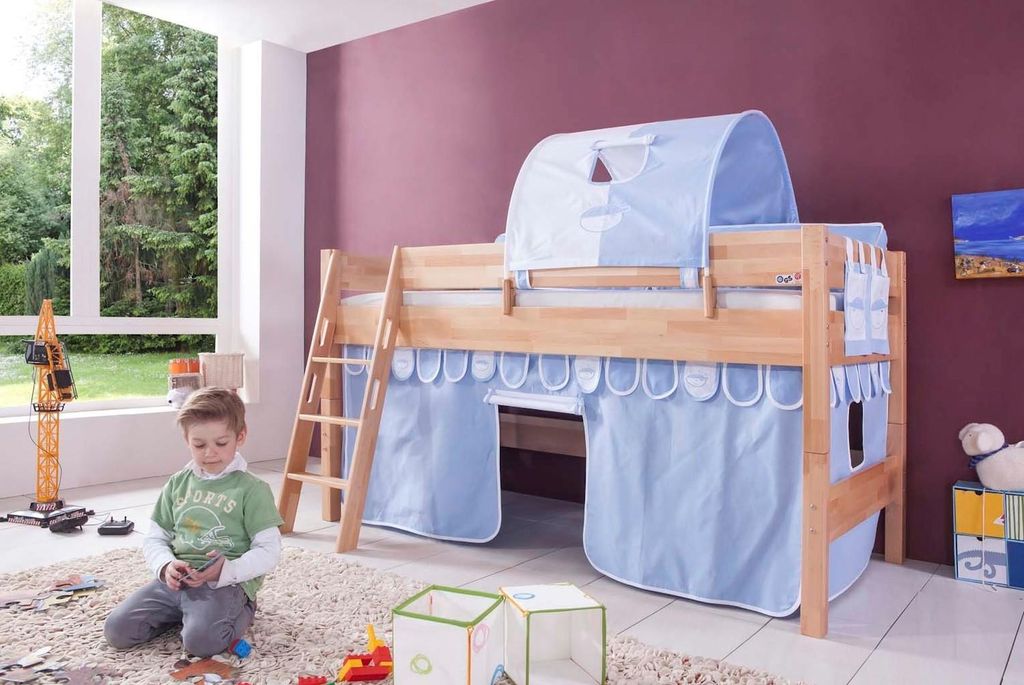 Halbhohes Einzelbett Kim Buche massiv lackiert 90x200 cm mit Textilset