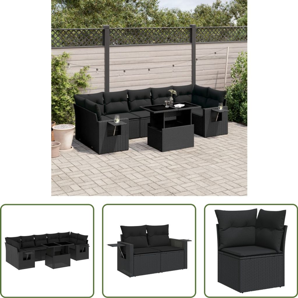 The Living Store 8-tlg. Garten-Sofagarnitur mit Kissen Schwarz Poly Rattan