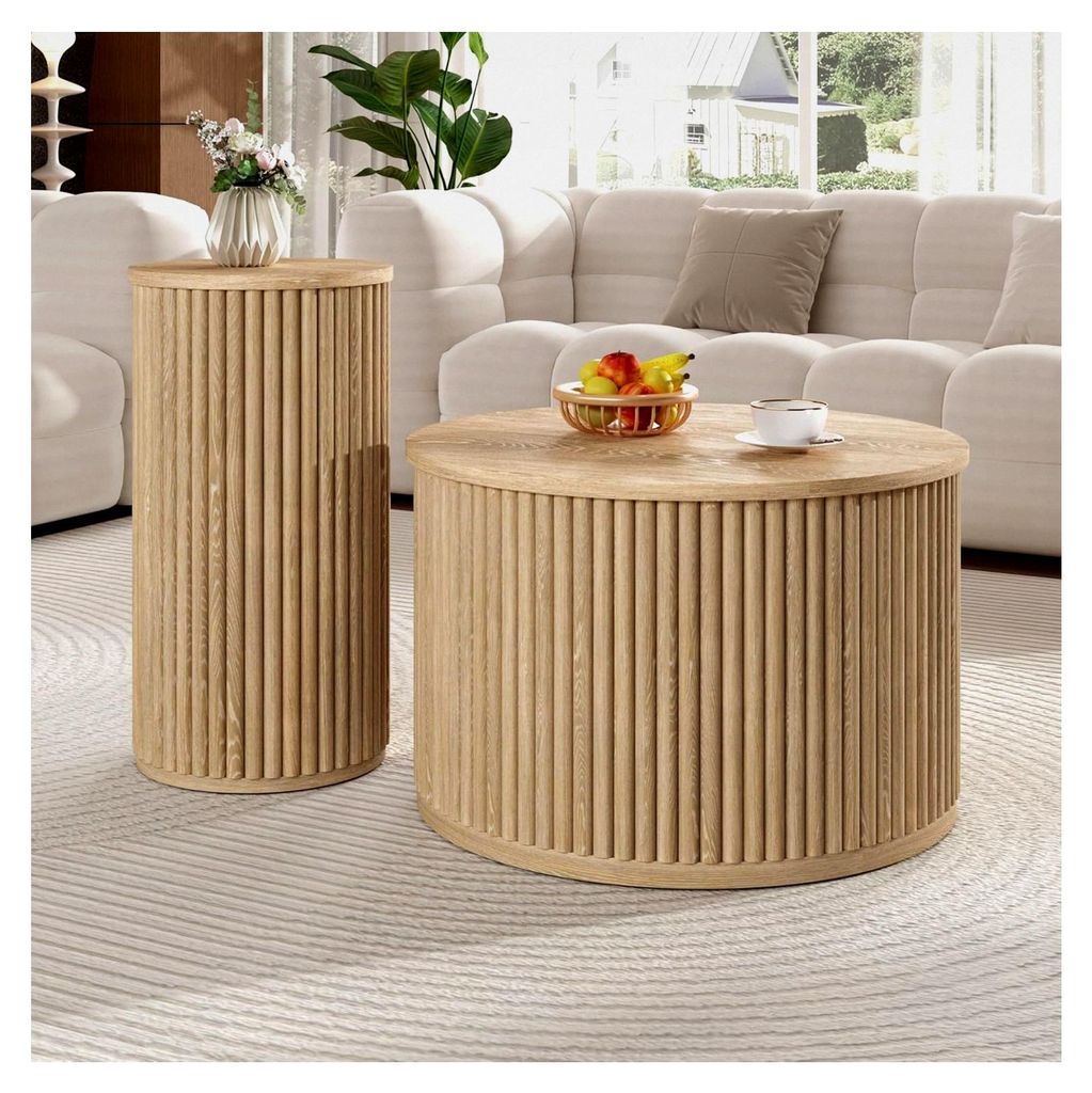 Runder Couchtisch 2er Set, Moderner Kaffeetisch mit römischer Säulenbasis, Beistelltisch aus Holz mit leicht zu reinigender Tischplatte für Wohn...