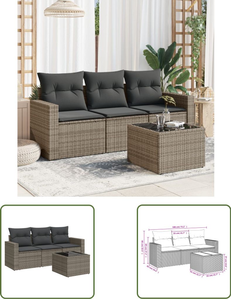 The Living Store 4-tlg. Garten-Sofagarnitur mit Kissen Grau Poly Rattan