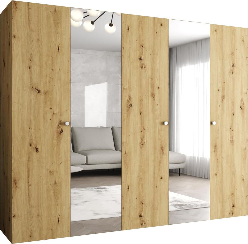 MEBLE KRYSPOL Schrank 250x202x52 cm mit Kleiderstange & Spiegel, 5xTür, PARMA, Artisan-Eiche, Griff Silber