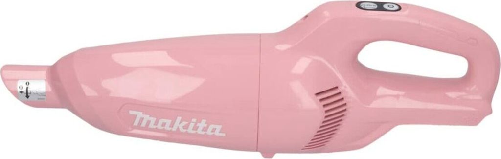 A pink Makita handheld vacuum cleaner is shown against a white background.