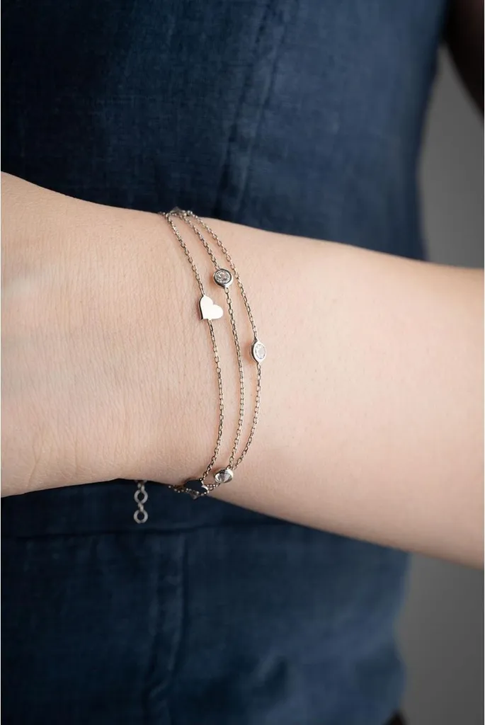 Bracelet Argent 925 Triple Chaîne Serti de Zirconiums Coupe Cœur