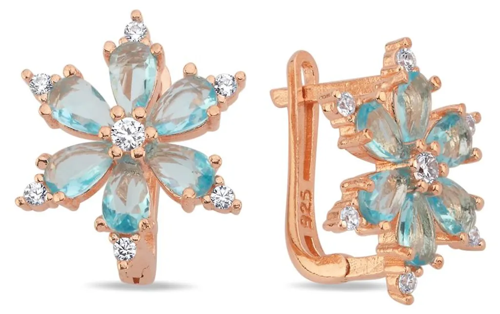 Boucles d'oreilles fleurs argent 925, aigue-marine et zircone rose
