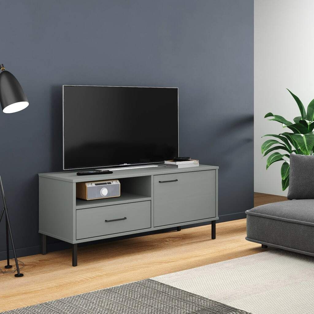"Rabatt" TV-Schrank - Fernsehschrank - TV-Lowboard - OSLO mit Metallbeinen Grau Massivholz Kiefer - TV-Schränke CC15965