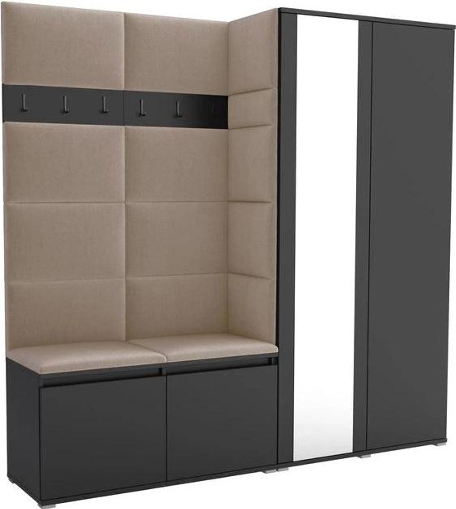 Garderoben-Set Noris IV mit Spiegel, gepolsterte Garderobe mit Sitzbank, Wandpaneelen und Stauraum (Farbe: Schwarz + Trinity 04)