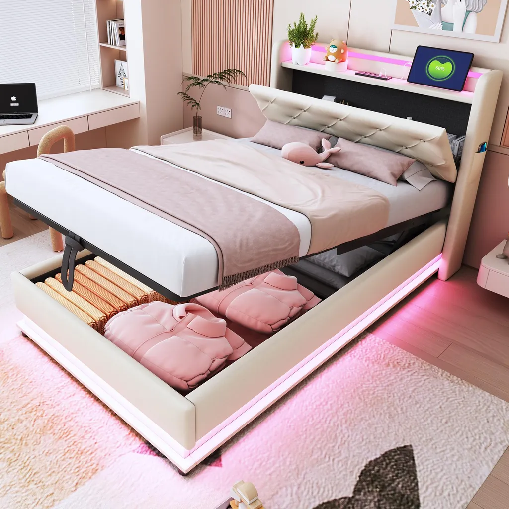 Lit en Lin Beige 90x200 cm avec LED et Port USB de Charge Intégré