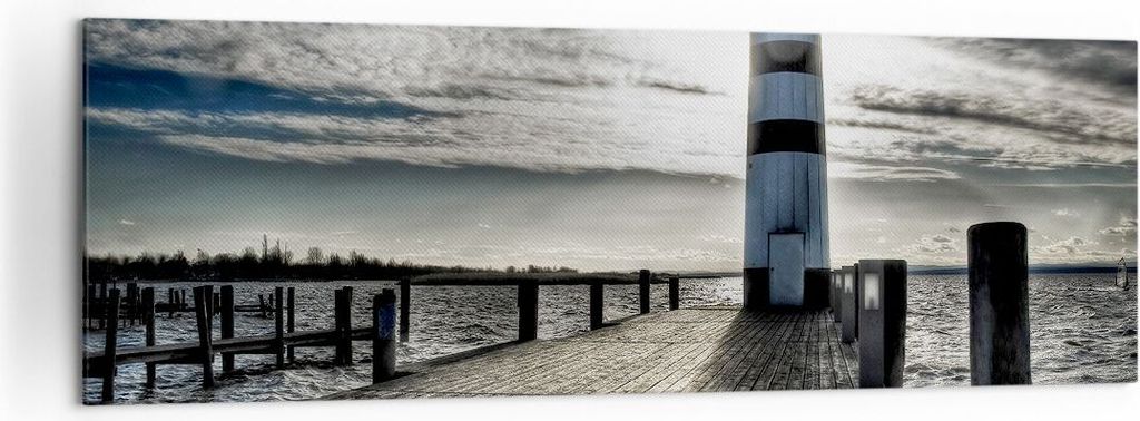 Bild auf Leinwand - Leinwandbild - See Leuchtturm Holzbrücke Wasser - 160x50cm - Wand Bild - Wanddeko - Leinwanddruck - Bilder - Kunstdruck - Lein...