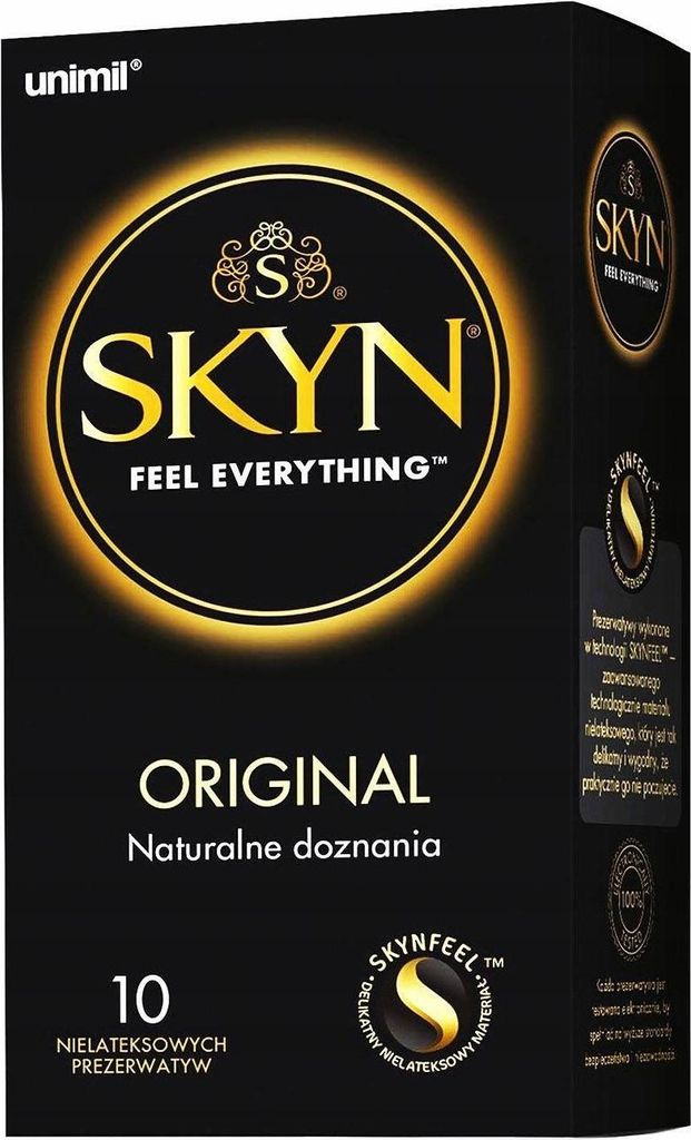 A black box of SKYN Original condoms with gold accents.