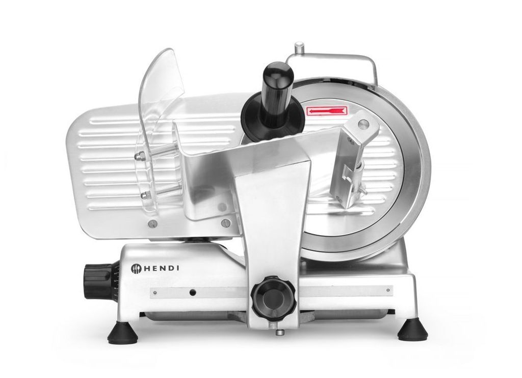 A professional studio shot of a HENDI meat slicer against a white background.
