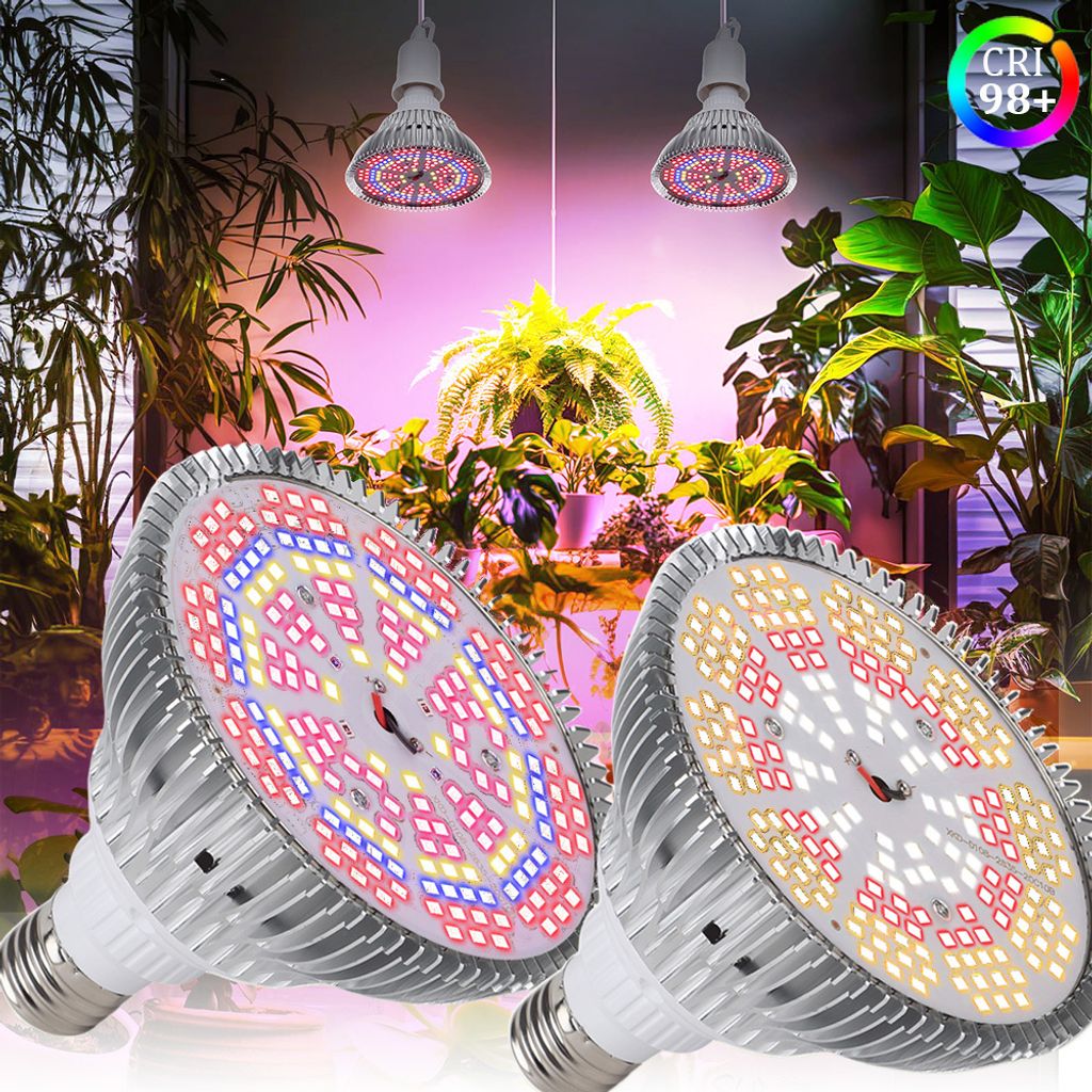 Two LED grow lights are shown in the foreground, with lush green plants in the background under pink and purple lighting.