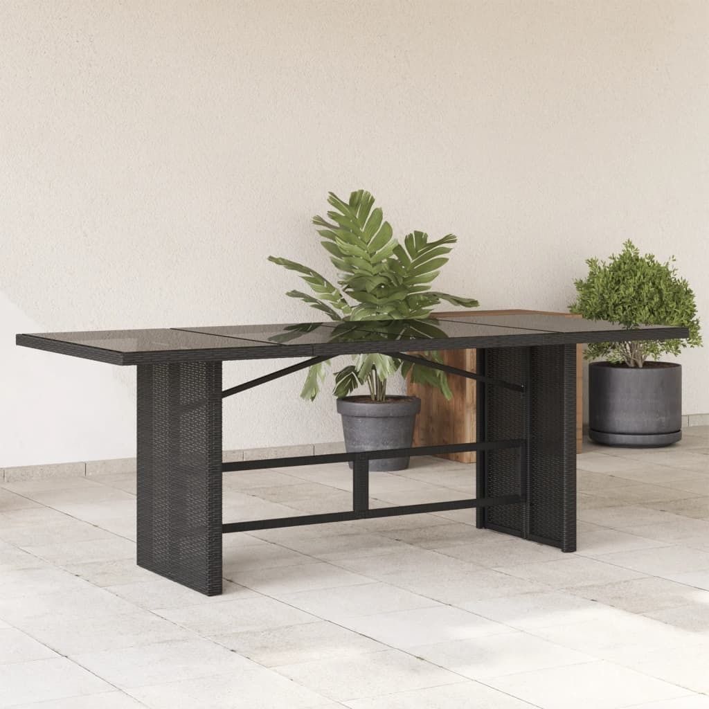 Design Gartentisch mit Glasplatte Schwarz 190x80x74 cm Poly Rattan, Gartentische 2024 Neu