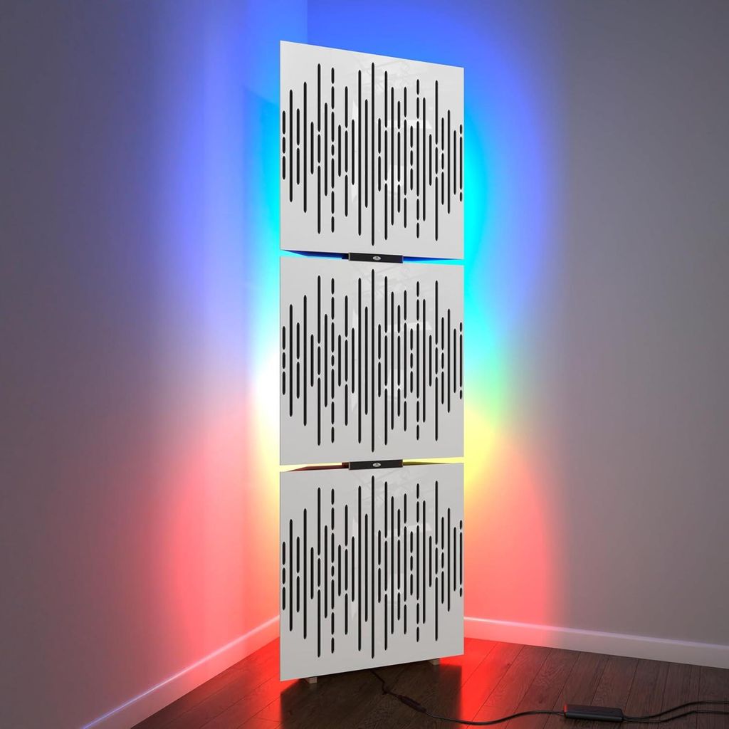 3er-Pack– Akustik-Bassfallen „WAVE“ mit Stehlampe | Mobiler Akustik-Eckständer mit LED-RGB-Hintergrundbeleuchtung|150x50x10cm|Weißer Kunsts...