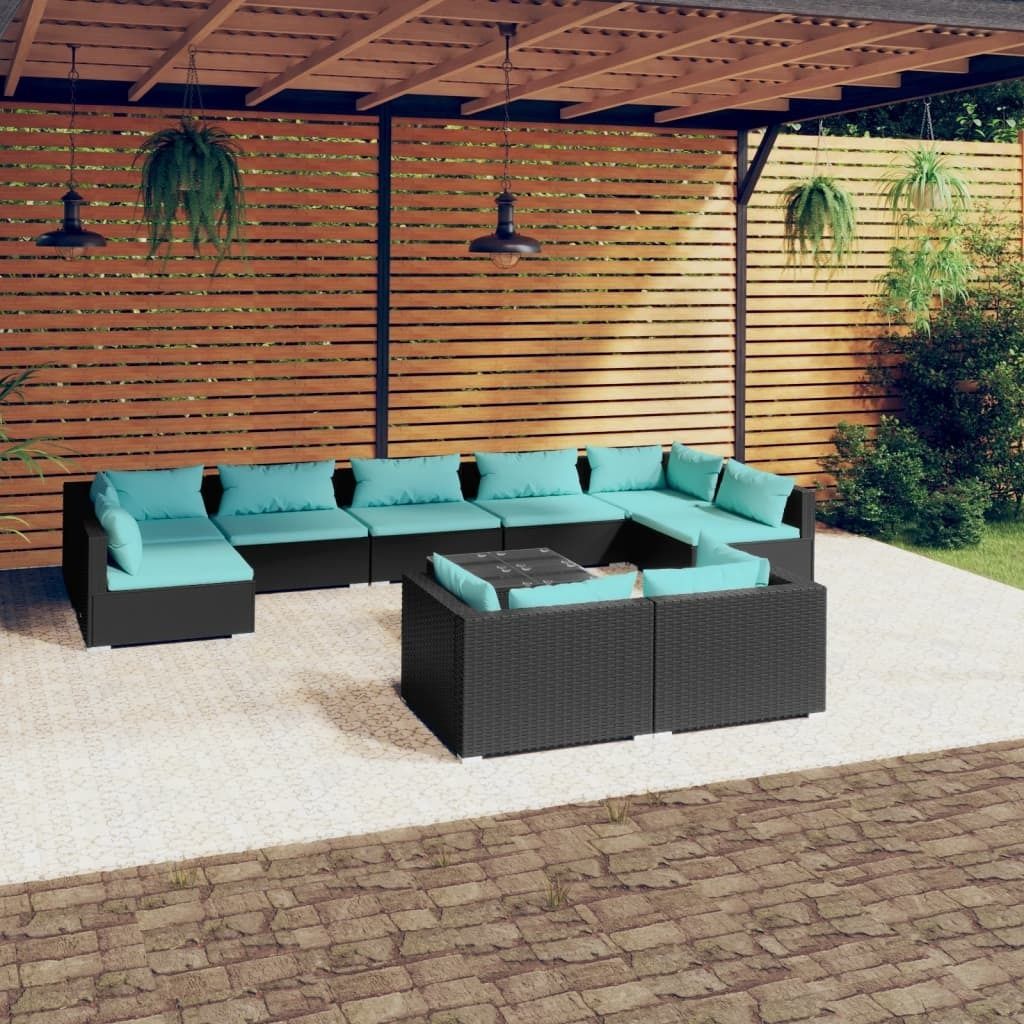 Möbel 10-tlg. Garten-Lounge-Set mit Kissen Schwarz Poly Rattan - Balkonmöbel 3102065