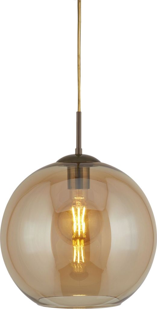 Hängeleuchte Metall Rauchglas D: 25 cm rund H: max. 120 cm in Messing Antik Bernstein E27 Kugel Schirm Retro