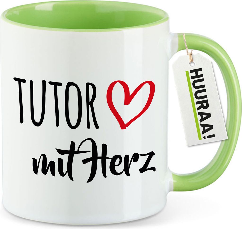 Huuraa Kaffeetasse Tutor mit Herz 330ml Grün Keramik Kaffeebecher Geschenkidee