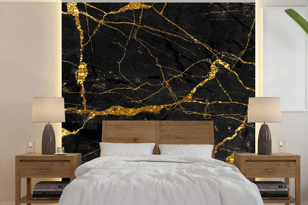 MuchoWow Fototapete für Wohnzimmer oder Schlafzimmer Wandtapete Vinyl Motivtapete Marmor - Gold - Schwarz - Marmoroptik - Luxe - Glitzer - 220x2...
