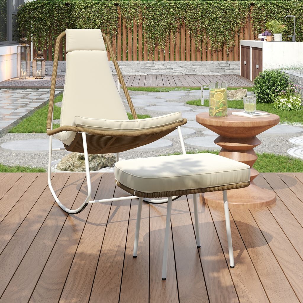LVHOM Schaukelstuhl Outdoor mit Hocker, Garten Schaukelsessel mit Fußstütze, Balkonmöbel Set, Schaukelliege mit Kissen, Terassenmöbel Gartenmöbel