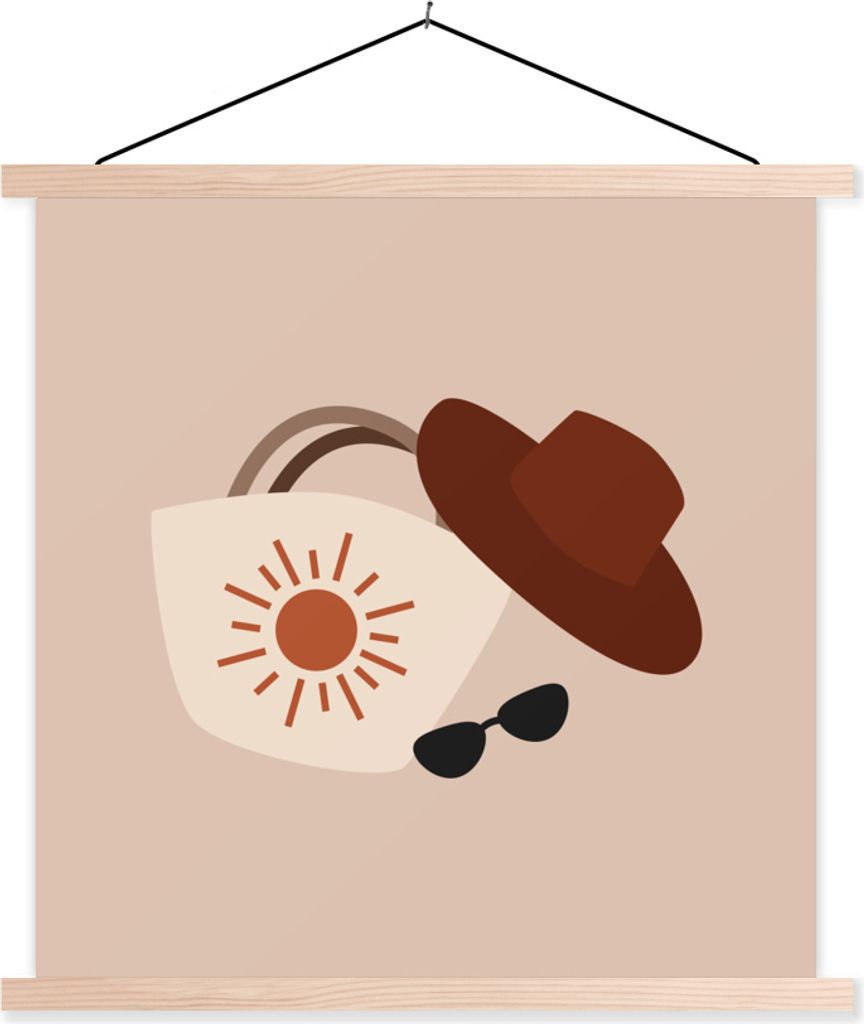 MuchoWow Textilposter Sonnenbrille - Hut - Tasche 40x40 cm mit holzfarbenen Rahmen - Posterleiste