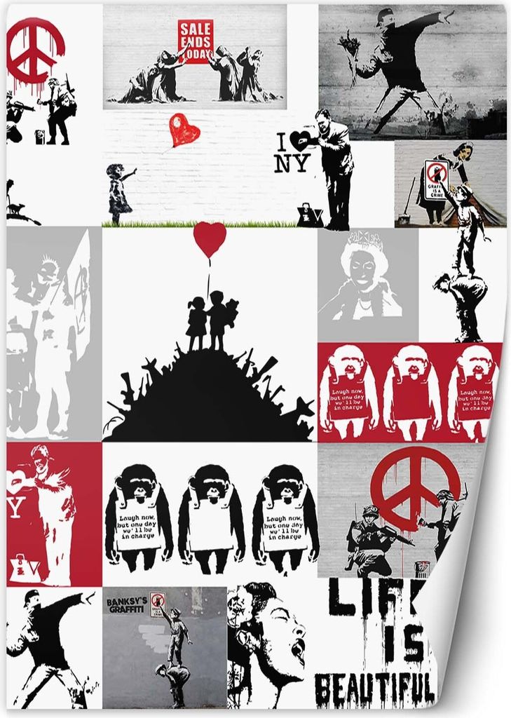 Vlies fototapete Banksy-Collage 150x210 cm Feeby Grau inkl. Kleber einfache Montage