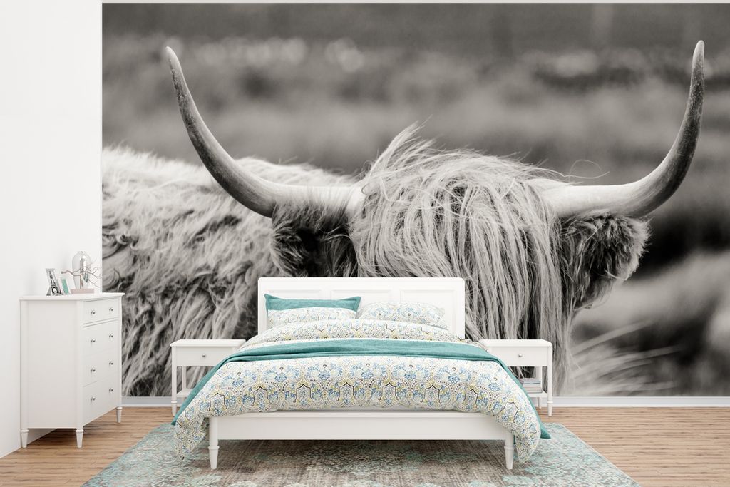 MuchoWow Fototapete für Wohnzimmer oder Schlafzimmer Wandtapete Vinyl Motivtapete Schottischer Highlander - Kuh - Tiere - Schwarz-Weiß - Ländl...