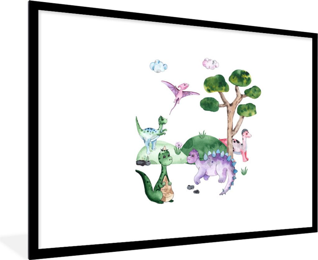 MuchoWow Gerahmtes Poster Kinderzimmer - Farben - Dinosaurier - Jungen - Mädchen - Kinder 90x60 cm - Poster mit Schwarzem Bilderrahmen Wandposte...