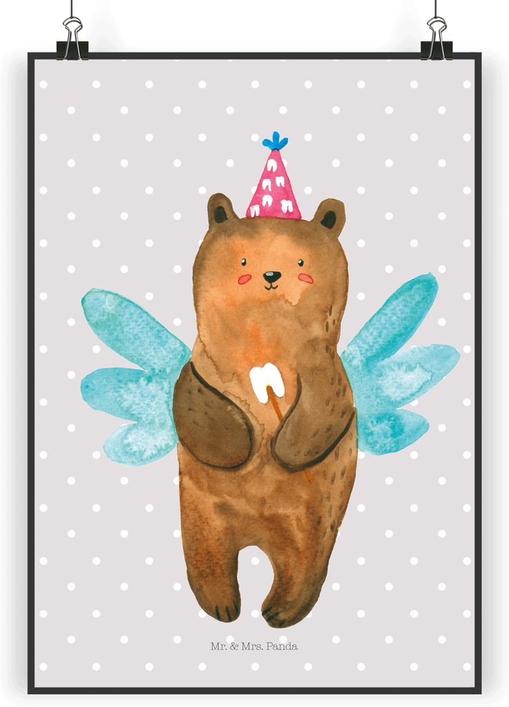 Mr. & Mrs. Panda Poster Bär Zahnfee DIN A3 - Grau Pastell - Geschenk, Fee, Kunstdruck, drucke, Erster Zahn, Milchzahn, wanddeko, Teddy, wandkunst,...