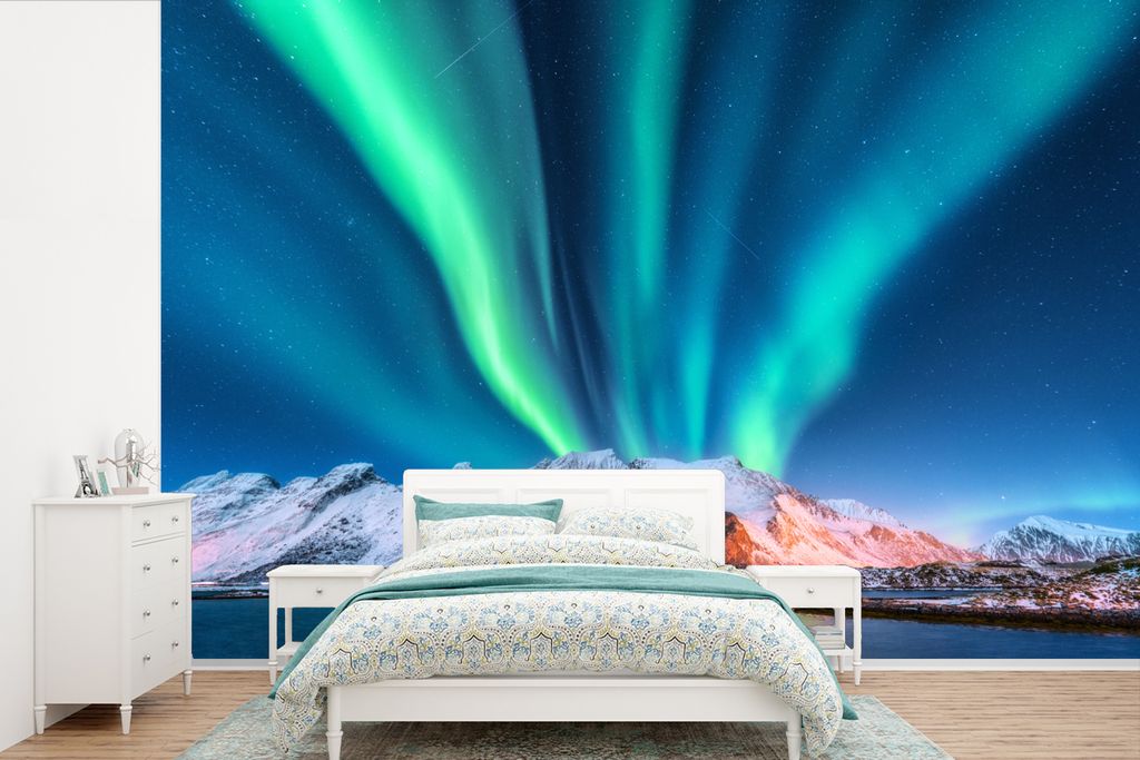 MuchoWow Fototapete für Wohnzimmer oder Schlafzimmer Wandtapete Vinyl Motivtapete Noorlicht - Wasser - Schnee - Spiegelung - 450x300 cm - Gemust...