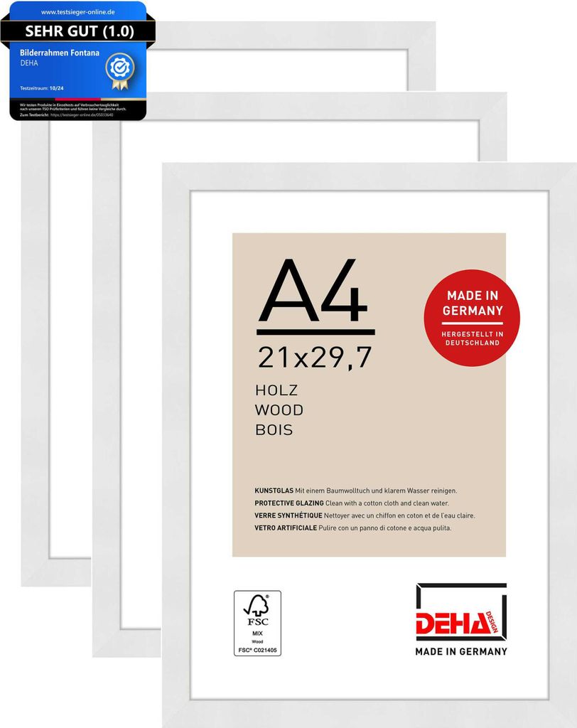 DEHA Design Bilderrahmen Fontana (3er Set), A4 21x29,7 cm, Holz Weiß
