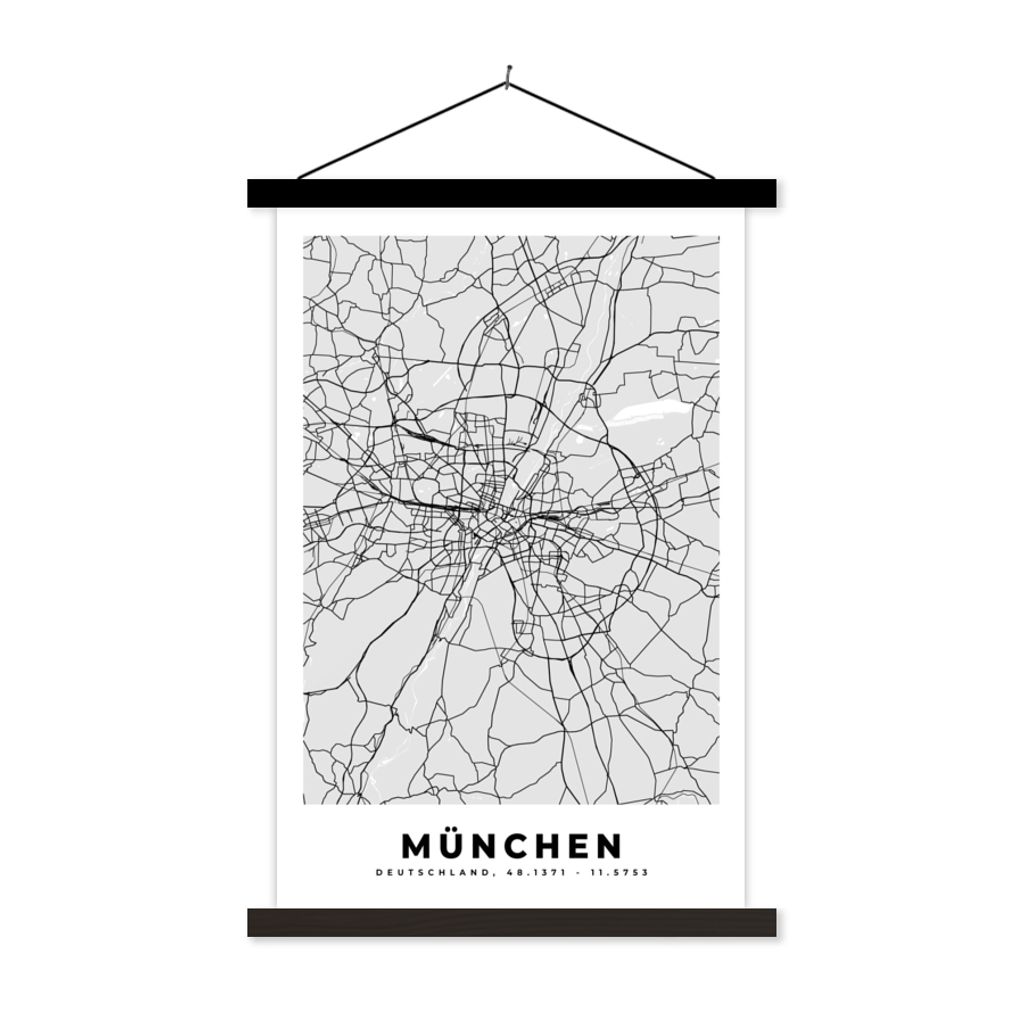 MuchoWow Textilposter Karte - München - Karte - Deutschland 60x90 cm mit schwarzem Rahmen - Poster Wohnzimmer