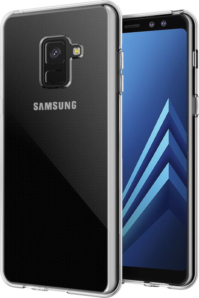A clear product shot of a Samsung phone in a transparent case, with the phone's screen displaying a blue abstract pattern.