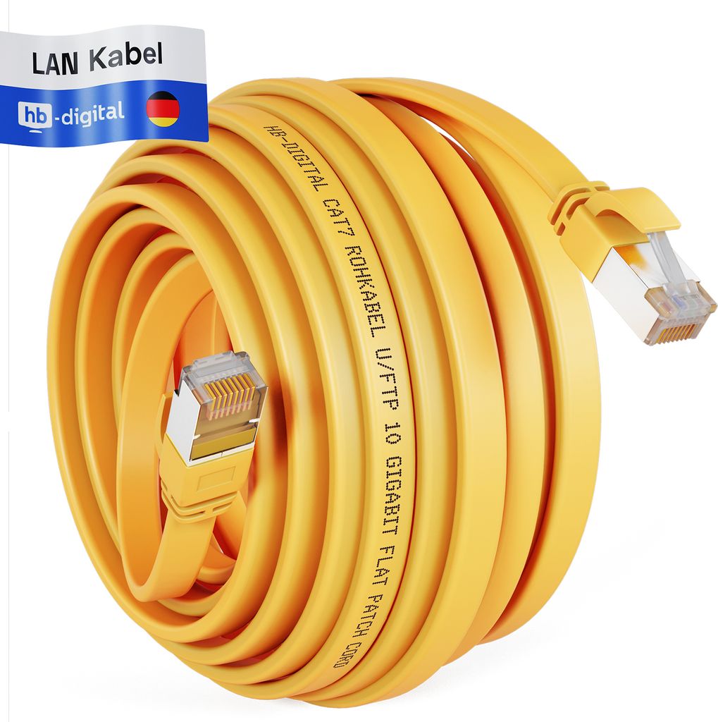 hb-digital Patch Kabel 30m LAN Kabel Cat7 Netzwerk Kabel cat.7 Flachkabel RJ45 Kupfer bis zu 10 Gbit/s U/FTP PVC gelb
