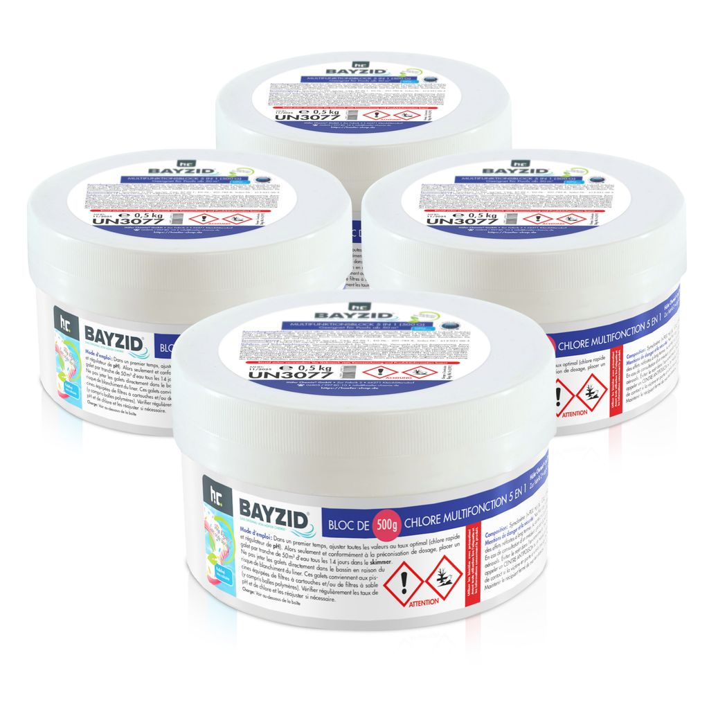 4x500 g BAYZID Multiblock 5in1 langanhaltende Chlorung für sauberes Poolwasser