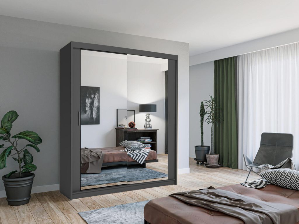 Krudox LUX Grau Schiebetürenschrank Kleiderschrank 180x216x62 cm mit Spiegel - Schlafzimmermöbel – Mehrzweckschrank mit 2 Kleiderstangen