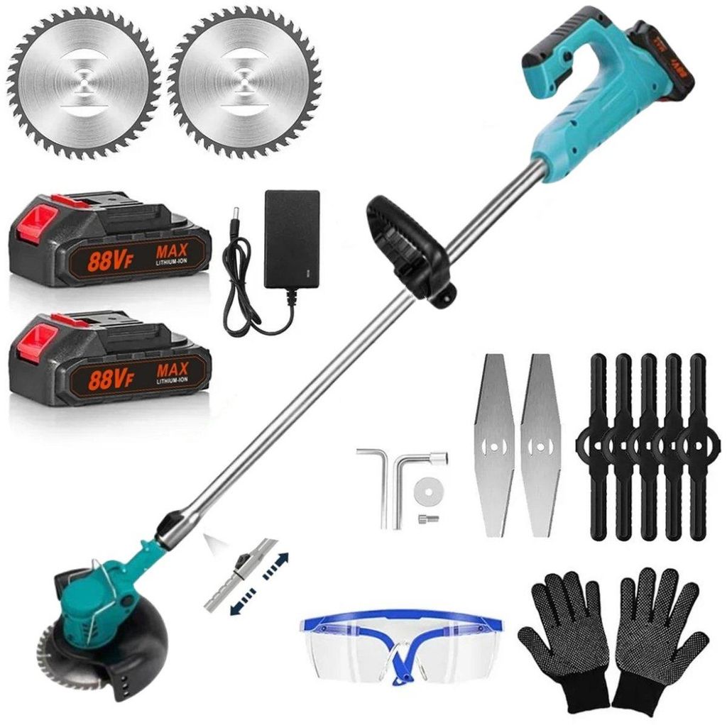 Akku-Rasentrimmer, Elektrischer Grasschneider, mit 2 Batterie und Ladegerät, 180° Trimmwinkel, Teleskop-Stiel & Zusatzhandgriff, Blau