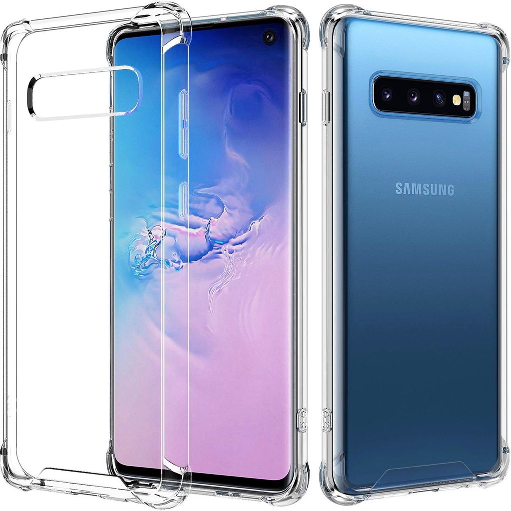 A clear protective case is shown on a blue Samsung Galaxy S10 phone. The phone and case are displayed from the front and back.