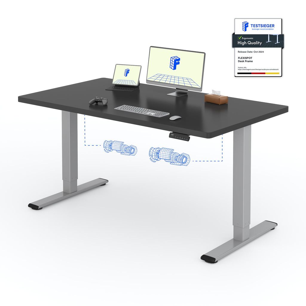 A black electric standing desk with silver legs, set up with a laptop, monitor, keyboard, and mouse.