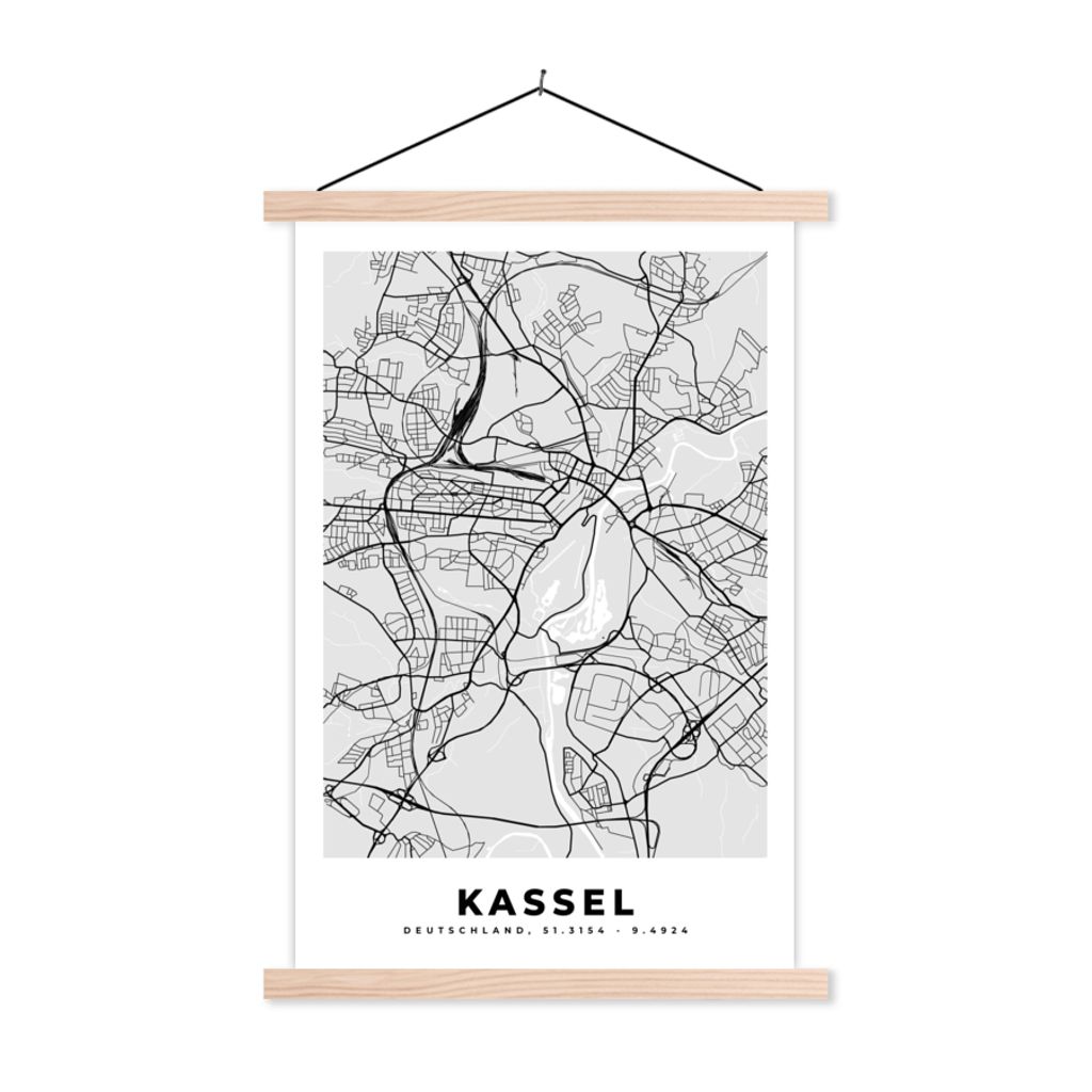 MuchoWow Textilposter Kassel - Karte - Deutschland - Stadtplan - Karte 120x180 cm mit holzfarbenen Rahmen - Textil-Plakat