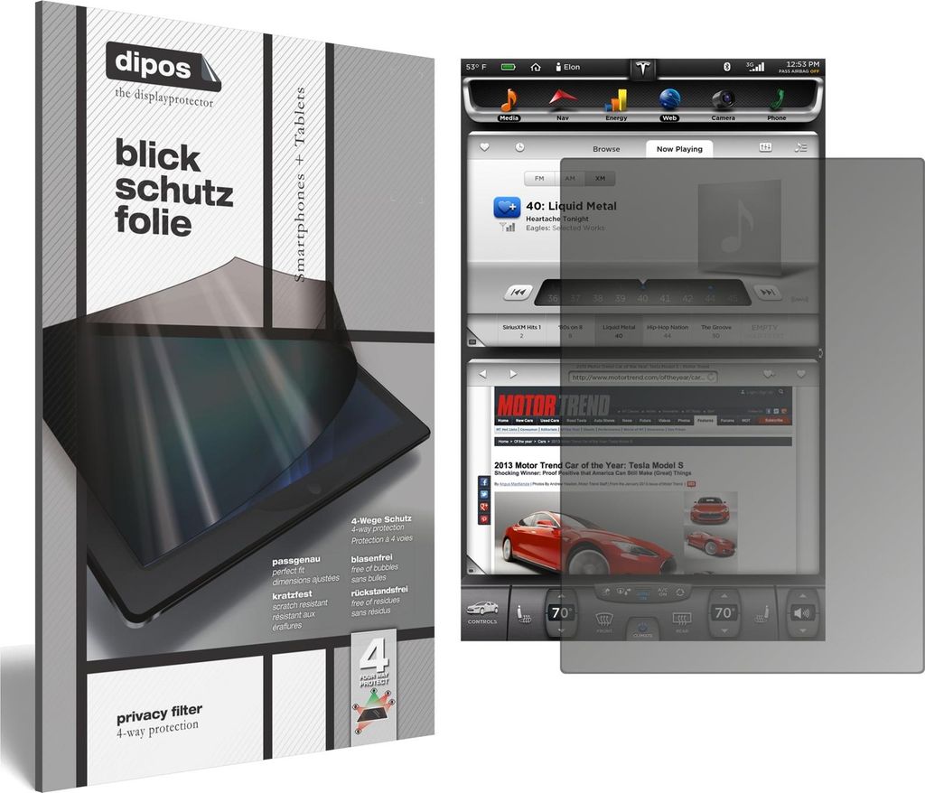 Blickschutzfolie für Tesla Model S Display matt Schutzfolie Folie Display Schutz dipos