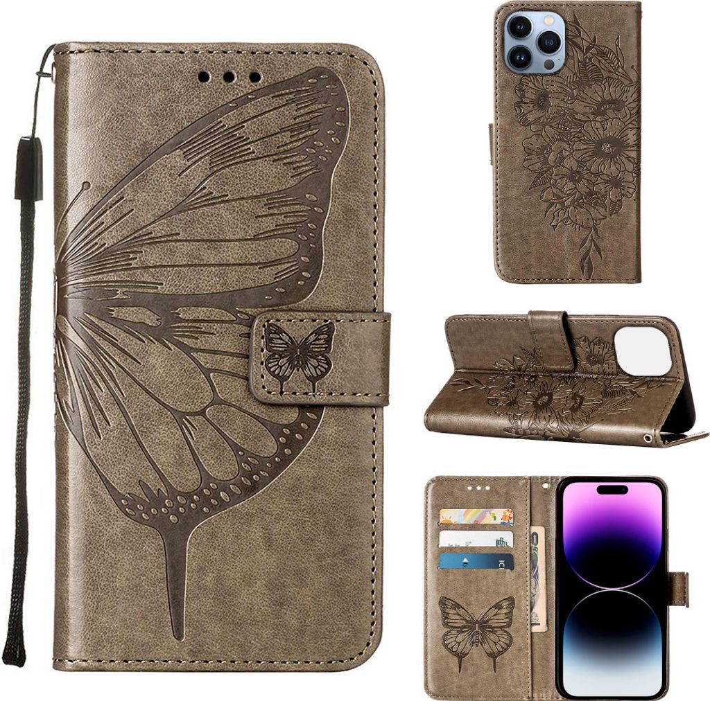 iPhone 14 Pro Hülle, Schmetterling Prägung Flip Leder Kartenfächer Schutzhülle Ledertasche mit Ständer für iPhone 14 Pro Grau