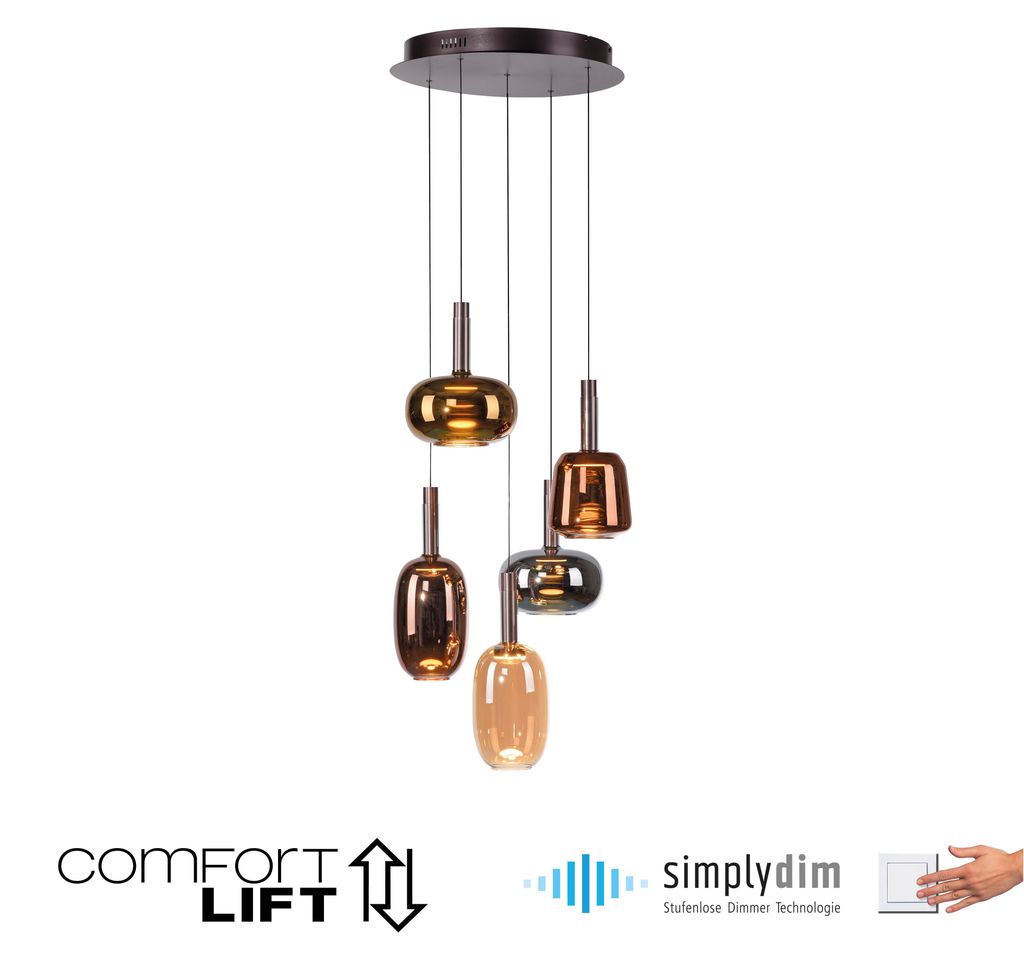 PAUL NEUHAUS LED-Pendelleuchte, 5-armig, höhenverstellbar, Comfort Lift, dimmbar, Memory-Funktion, SimplyDim, 3000 K, PN 2682-70