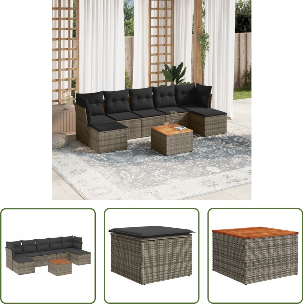 The Living Store 8-tlg. Garten-Sofagarnitur mit Kissen Grau Poly Rattan