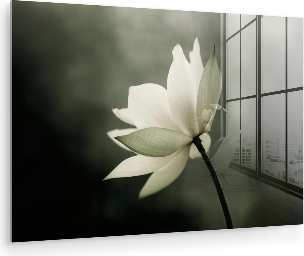 MuchoWow Glasbilder - Bilder auf Wandbild - Foto auf Glas Weiß - Lotus - Dunkel - Blume 60x40 cm Wanddekoration aus Glas - Acrylglasbild - Acrylbi...