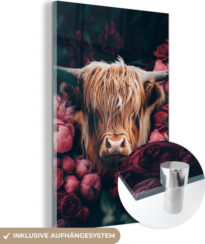 MuchoWow Glasbilder - Bilder auf Wandbild - Foto auf Glas Kuh - Schottisches Hochlandrind - Blumen - Botanisch 40x60 cm Wanddekoration aus Glas - A...