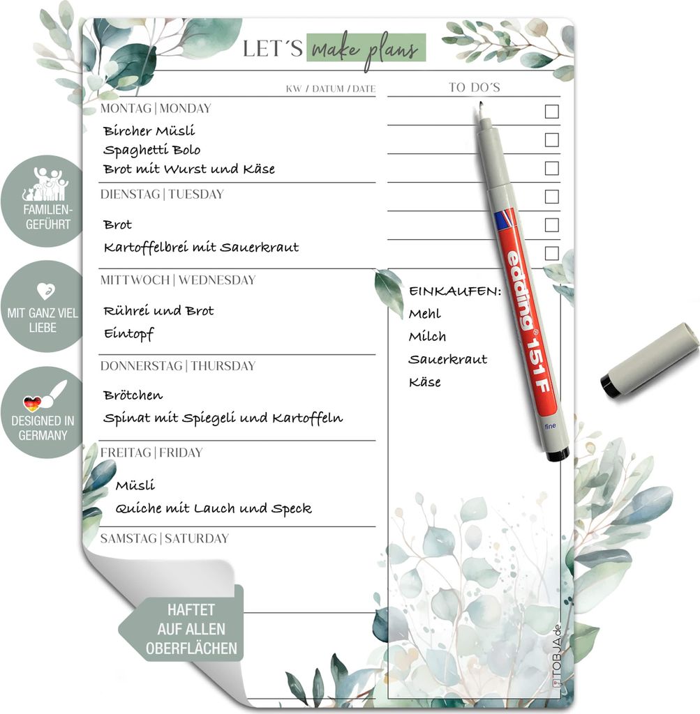 Essensplaner Woche abwischbar inkl. Markenstift | Produktbild 